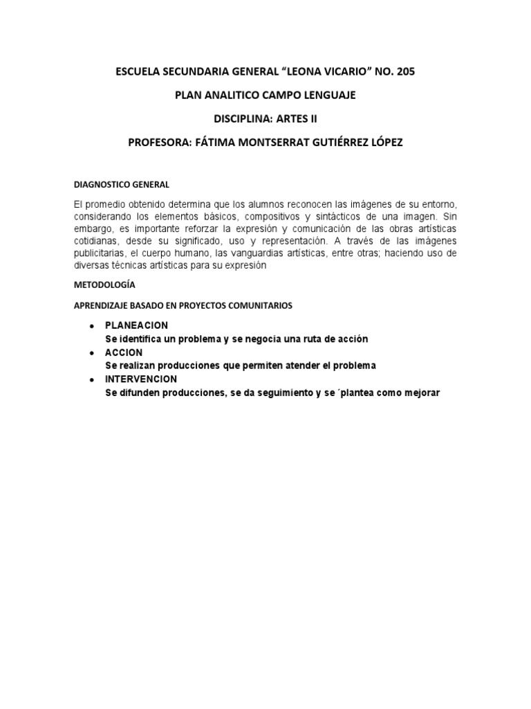 Plan Analitico Segundo 205 Problematicas Fatima Artes | PDF ...