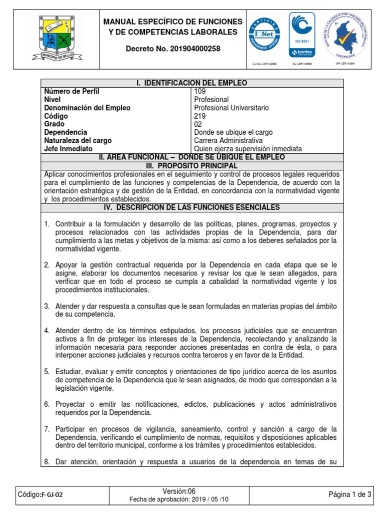 Manual de Funciones y Competencias Laborales | PDF | Sistema de manejo ...