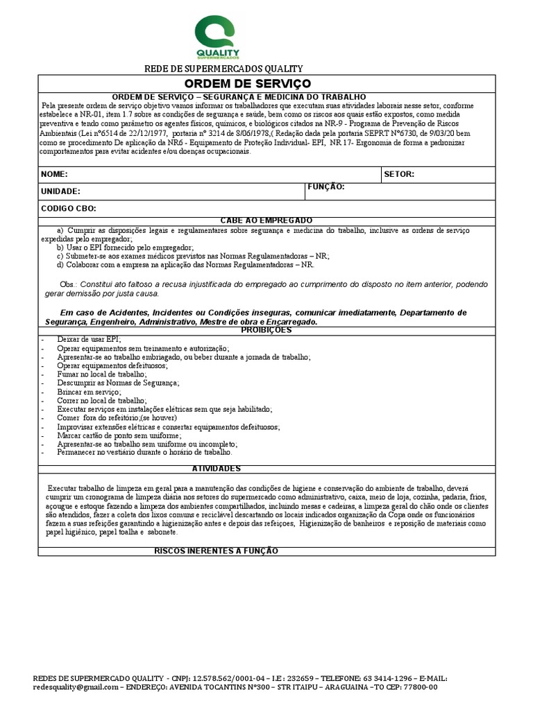 Ordem de Serviço NR-01: Segurança do Trabalho | PDF | Ambiente de ...