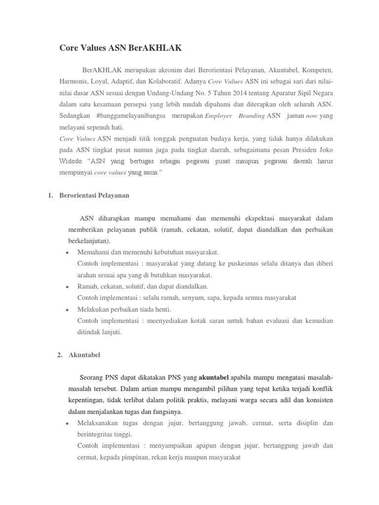 ASN BerAKHLAK DAN CONTOH IMPLEMENTASI | PDF