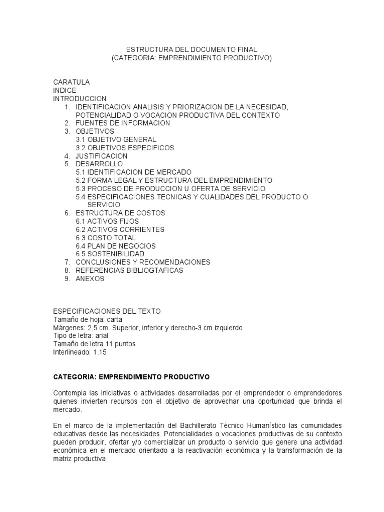 Estructura de Proyecto de Emprendimiento | PDF | Producto (Negocio ...