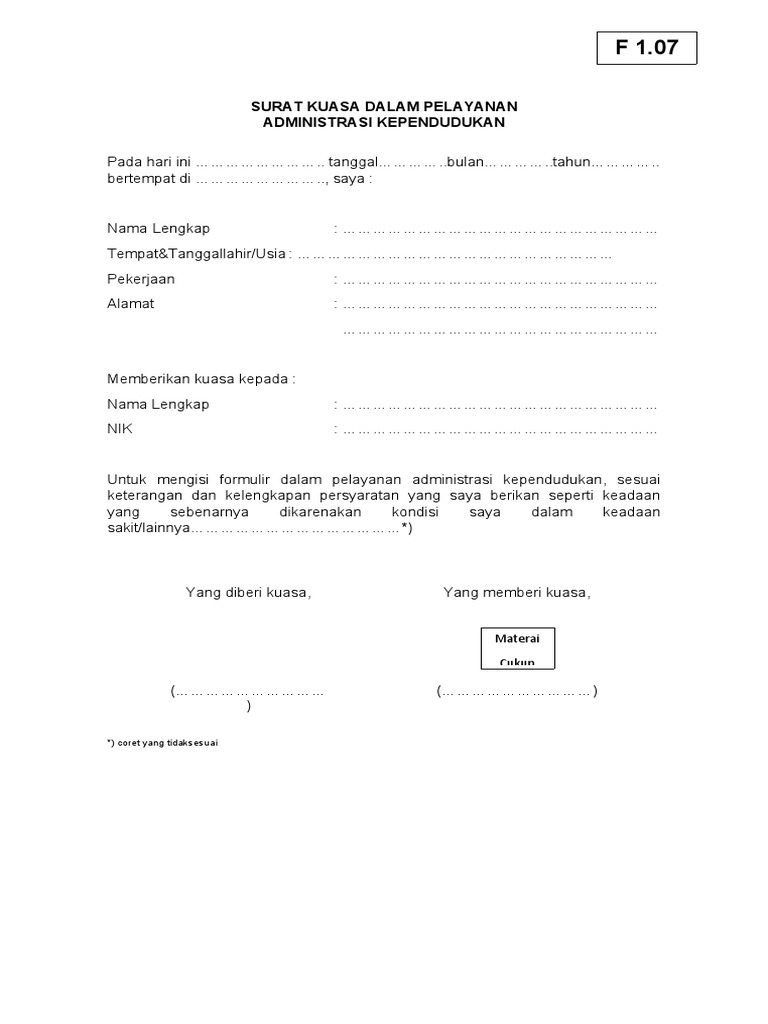 (F 1.07) Surat Kuasa Dalam Pelayanan | PDF