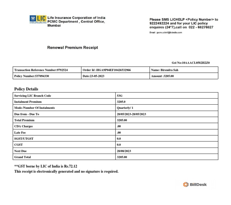 LIC Premium Payment Receipt | PDF