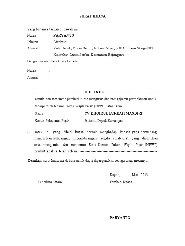 Surat Kuasa NPWP | PDF