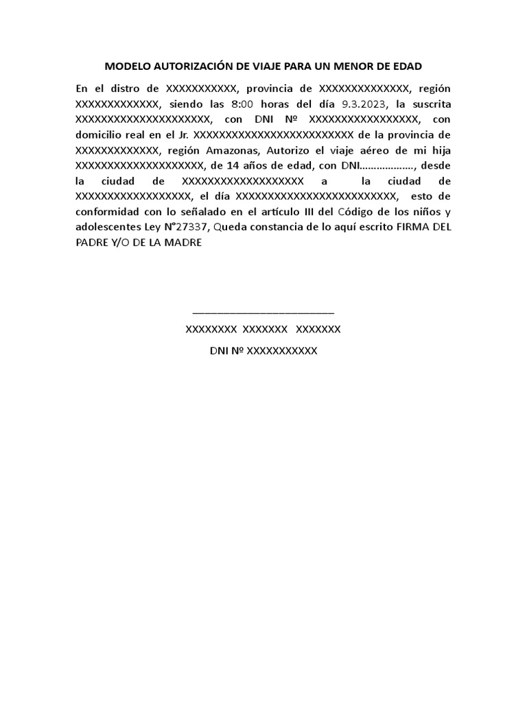 Modelo Autorización de Viaje para Un Menor de Edad - 1234 | PDF