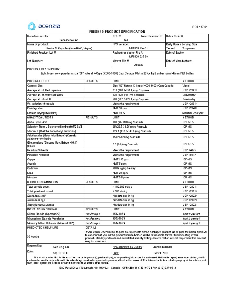 Finished Product Specifications Revive PDF