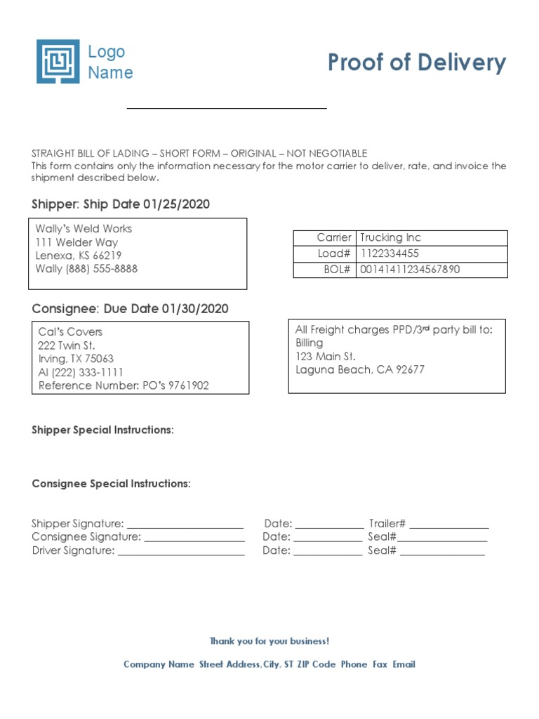 Proof of Delivery Bill of Lading Form | PDF | Finance & Money Management