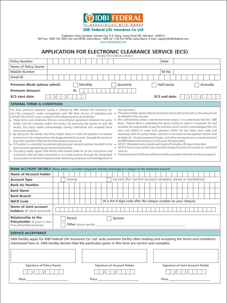 Application For Electronic Clearance Service (Ecs) PDF Insurance
