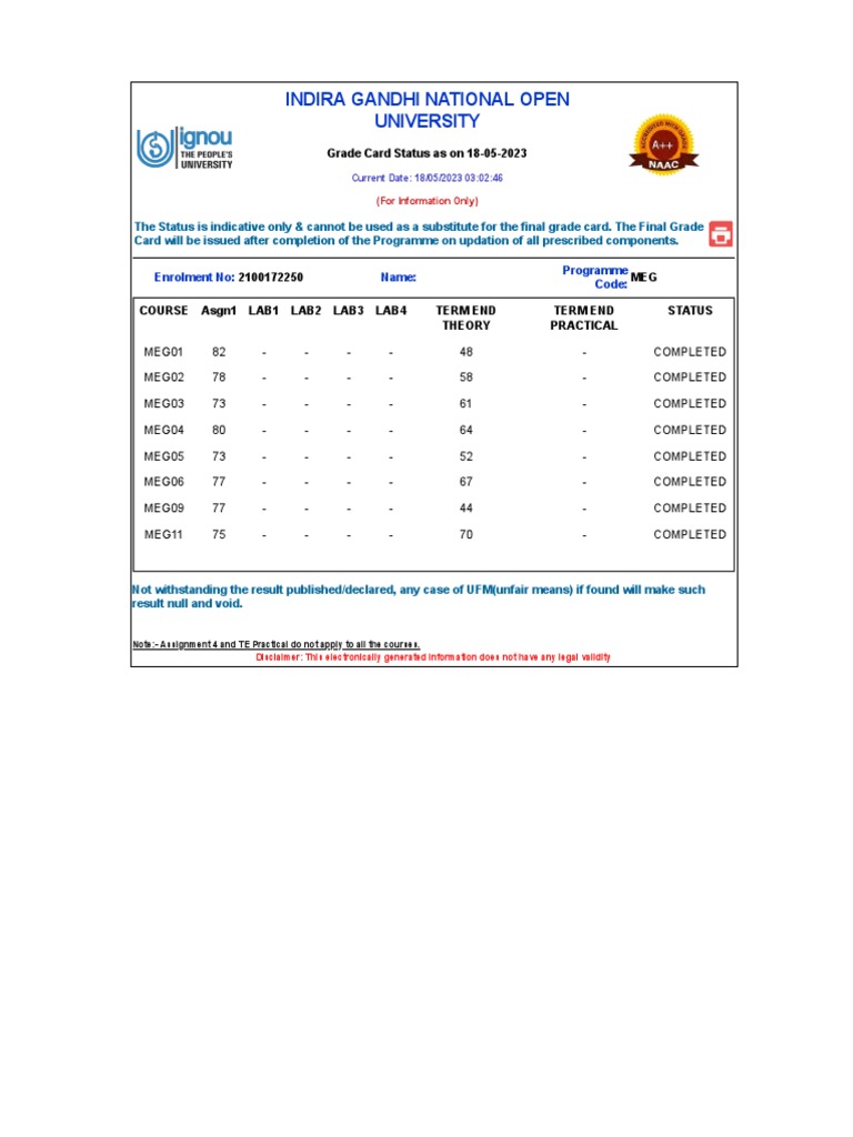 IGNOU Grade Card Download Free PDF Computing Computer Programming