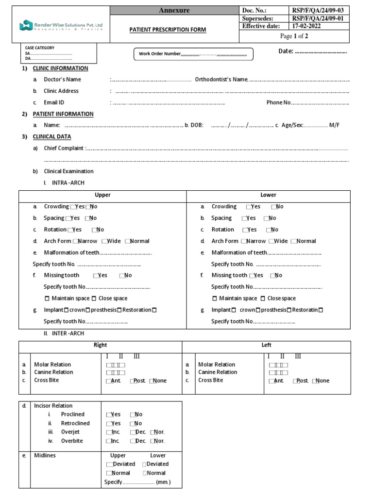 Patient Prescription Form ISO Updated PDF Animal Anatomy Orthodontics