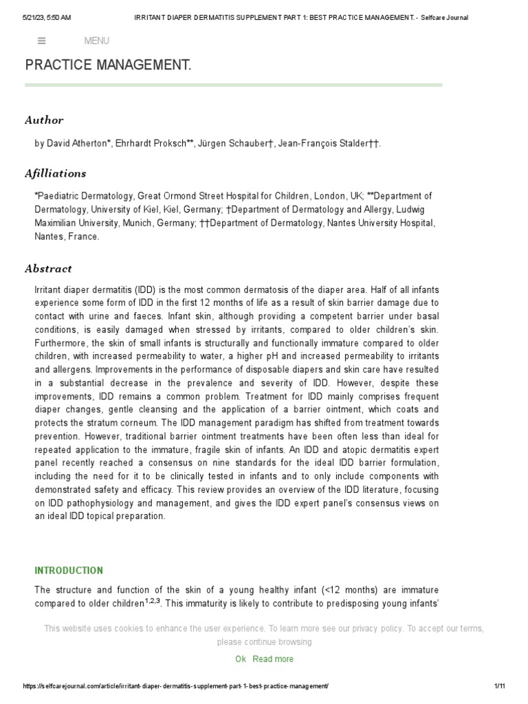 IRRITANT DIAPER DERMATITIS SUPPLEMENT PART 1 BEST PRACTICE MANAGEMENT