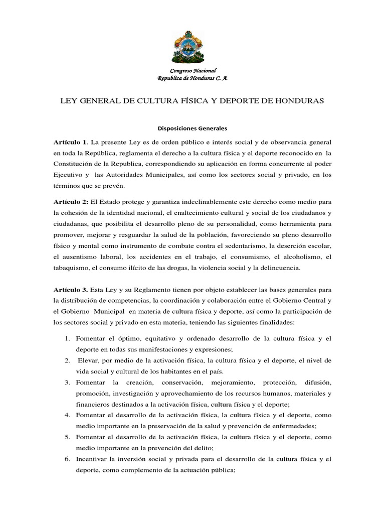 Ley General De Cultura Física Y Deporte De Honduras Por Ana Fortin