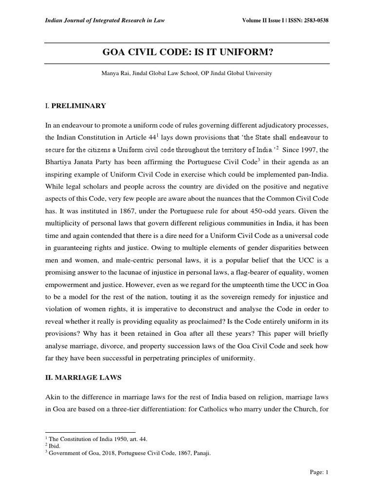 Goa Civil Code: Examining Uniformity | PDF | Marriage | Divorce