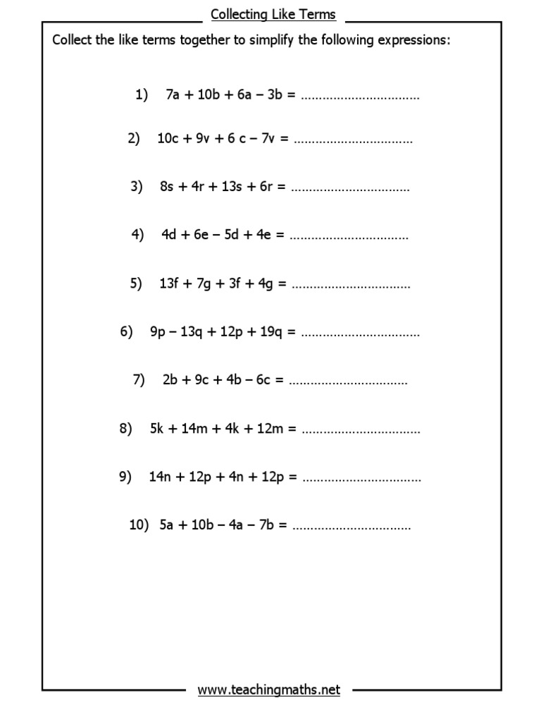 Like Terms Worksheets