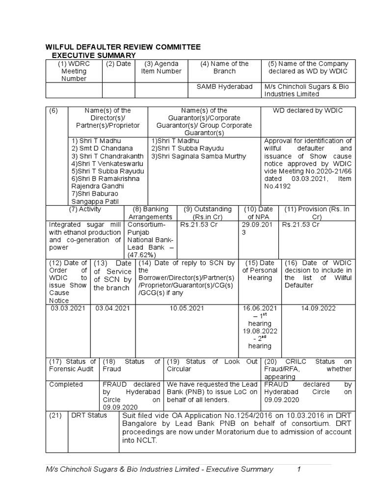 Chincholi Sugars Executive Summary PDF Debt Loans