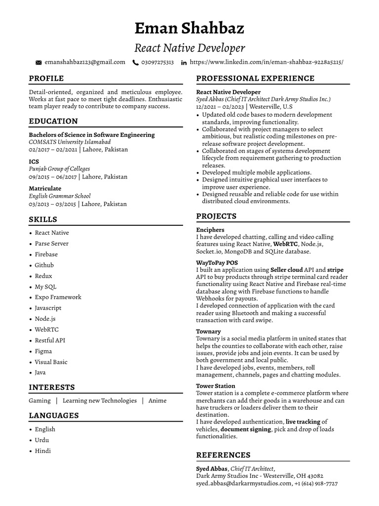 React Native Developer Eman Shahbaz Resume | PDF | Software Engineering ...