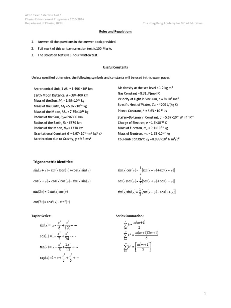 APhO Team Selection Test 2015-2016 | PDF | Nuclear Fusion | Sun