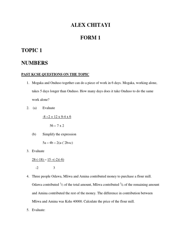 Topic 1 Form 1 Math | PDF | Odds | Arithmetic