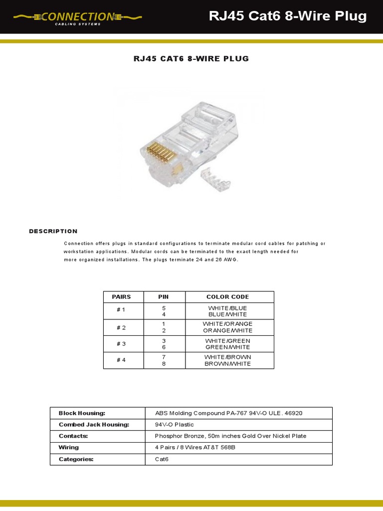 RJ45 Cat6 8-Wire Plug Specifications | PDF
