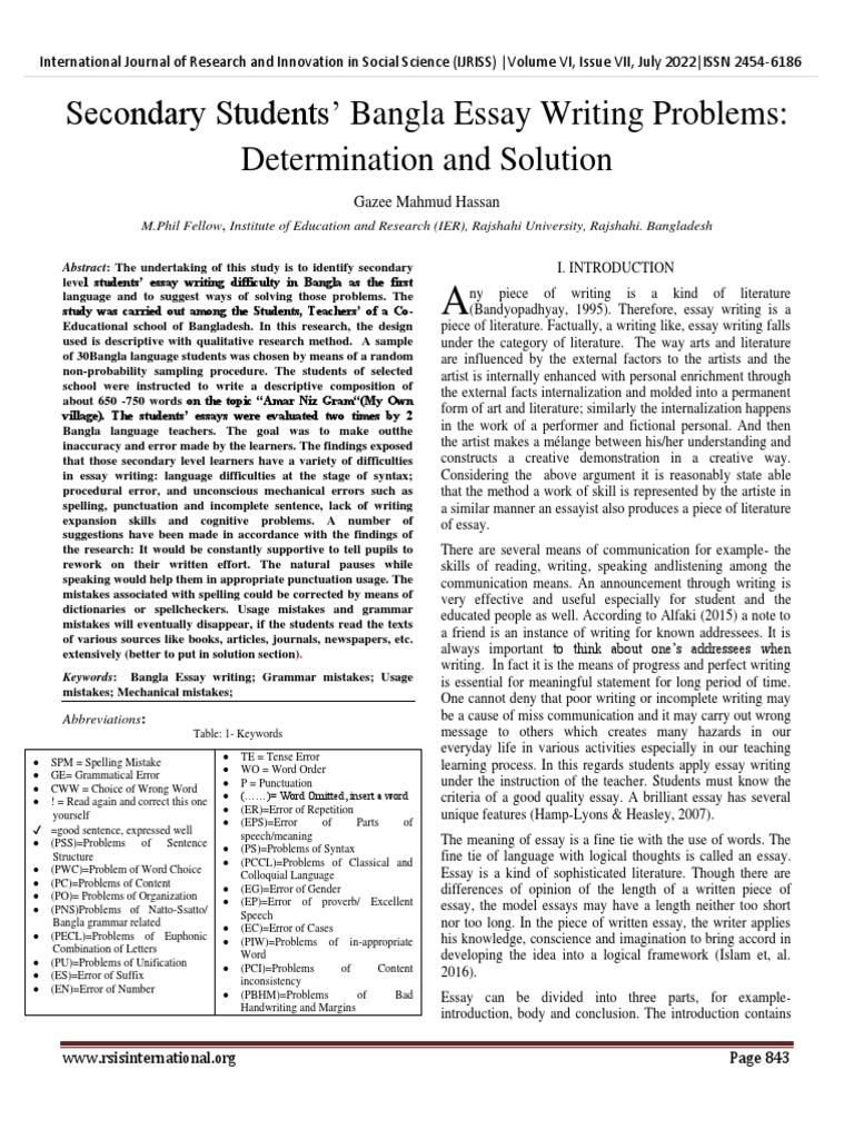 Secondary Students' Bangla Essay Writing Problems Determination and Solution PDF English As