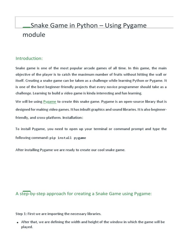Snake Game in Python - Using Pygame Module - Final | PDF | Frame Rate ...
