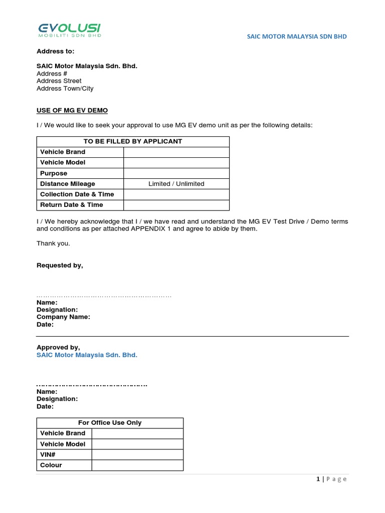 MG EV Demo Unit Approval Form | PDF | Driver's License | Justice