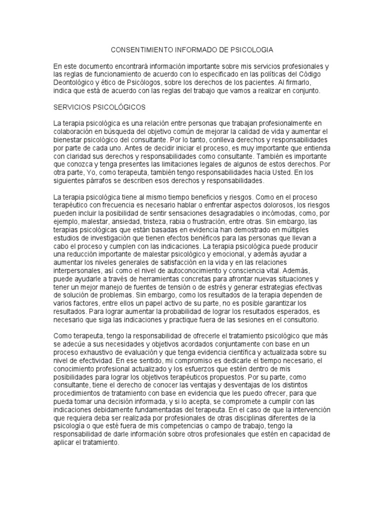 Consentimiento Informado de Psicologia | PDF | Consentimiento informado ...