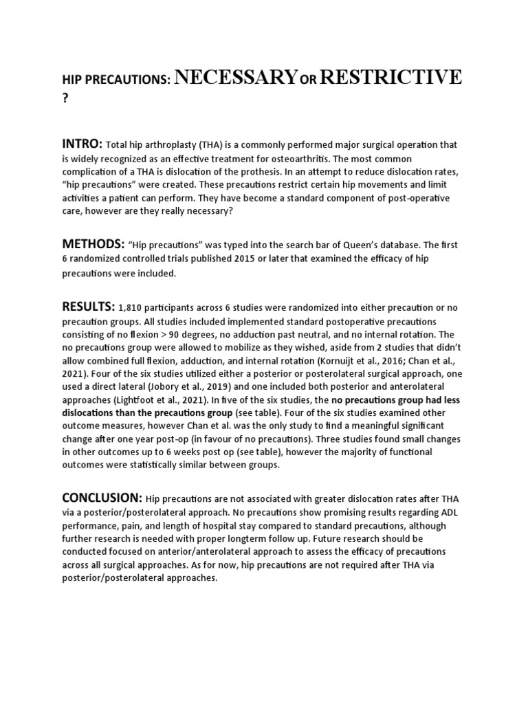 Hip Precautions | PDF | Anatomical Terms Of Motion | Surgery