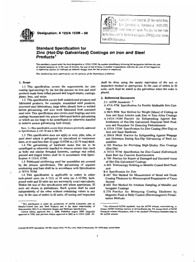 ASMT A 123 - A 123M-08 Standard Specification For Zinc - Hot - Dip ...