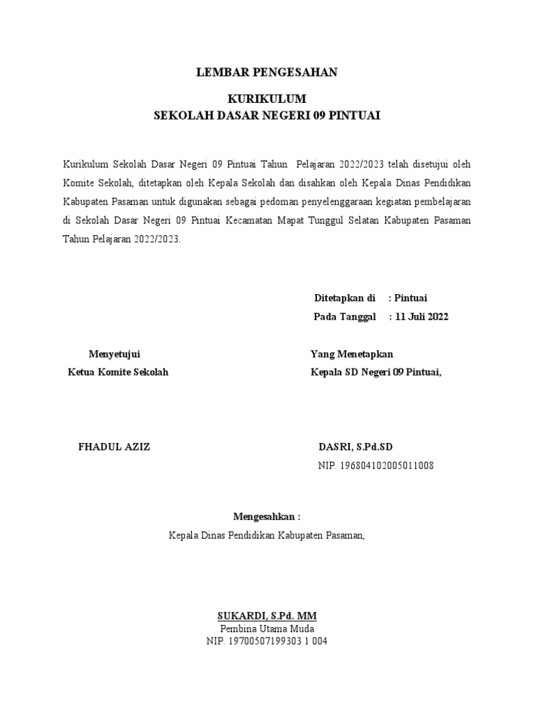 Lembar Pengesahan Kurikulum Merdeka | PDF