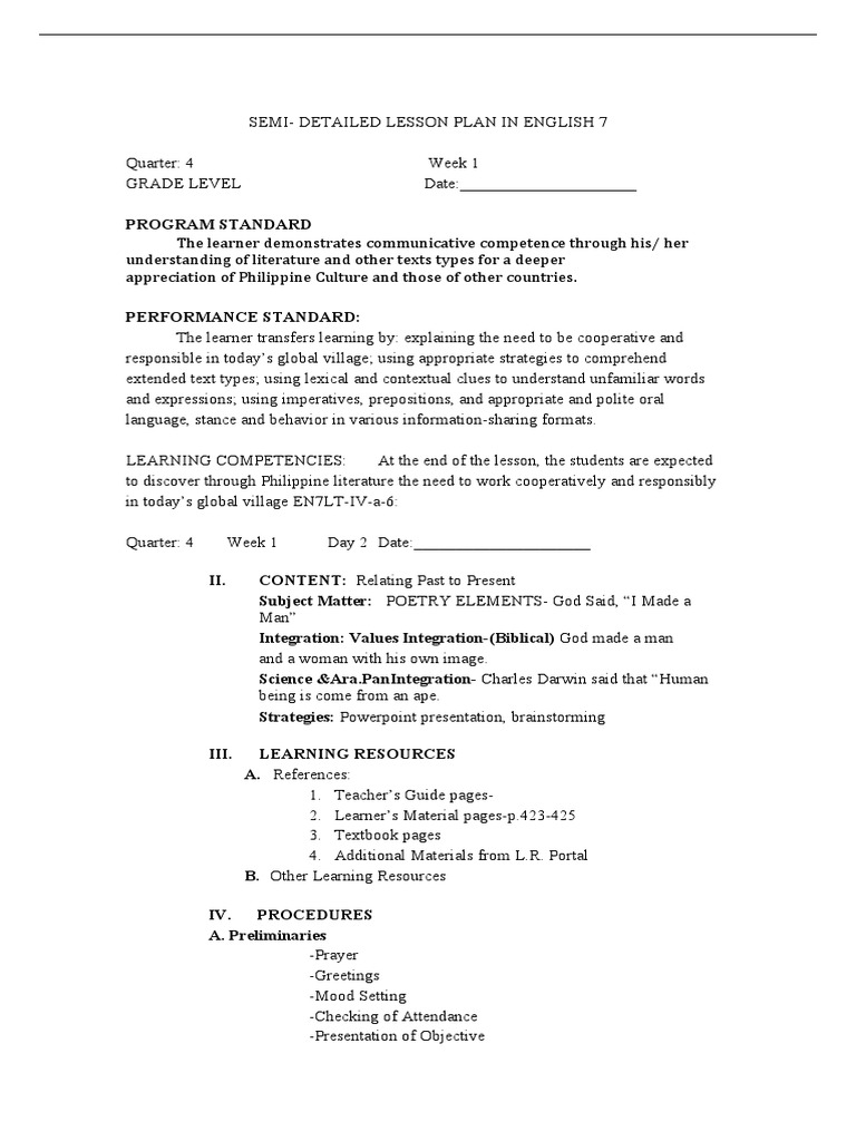 English 7 Detailed Lesson Plan Day 2 | PDF | Poetry | Linguistics