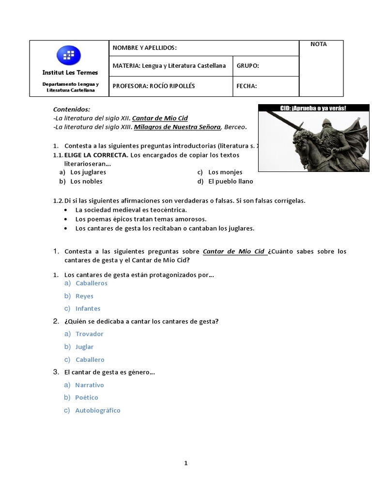 Guía de Estudio: Cantar de Mio Cid | PDF | Historia