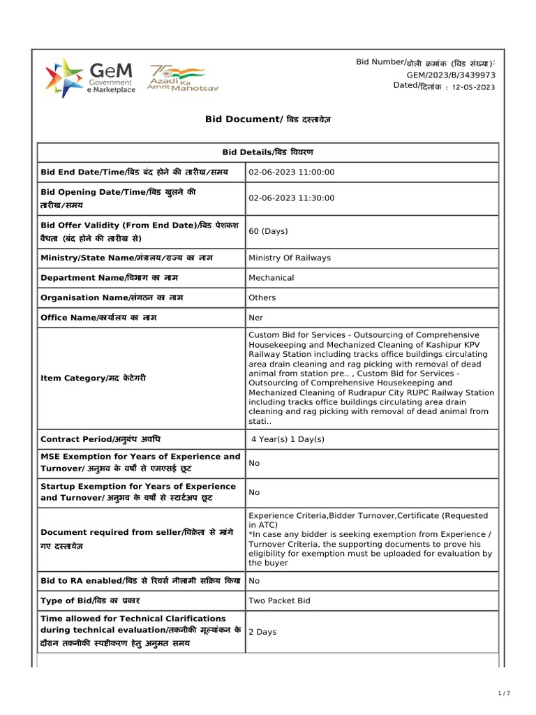 Railway Station Housekeeping Bid Details | PDF