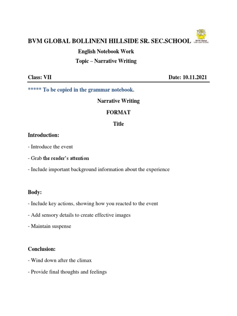 Class 7 NB Work On Narrative Writing November 10 Wed | PDF