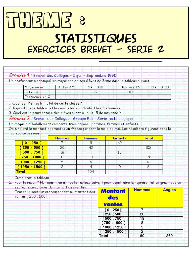Exercices De Statistiques Pour Le Brevet PDF Pourcentage