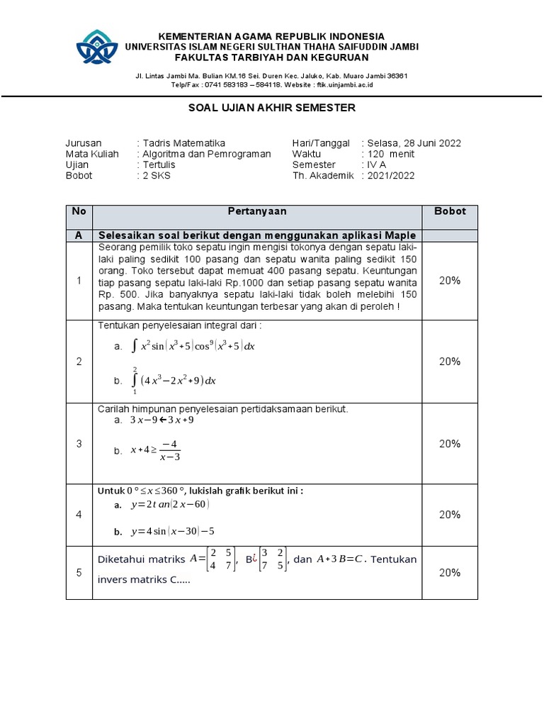 4a Soal Uas Algoritma Dan Pemrograman | PDF | Metode & Bahan Ajar
