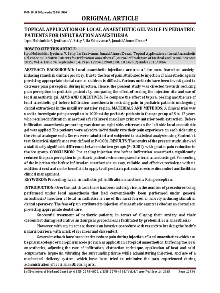Topical Application of Local Anaesthetic Gel VS Ic PDF Anesthesia Pain