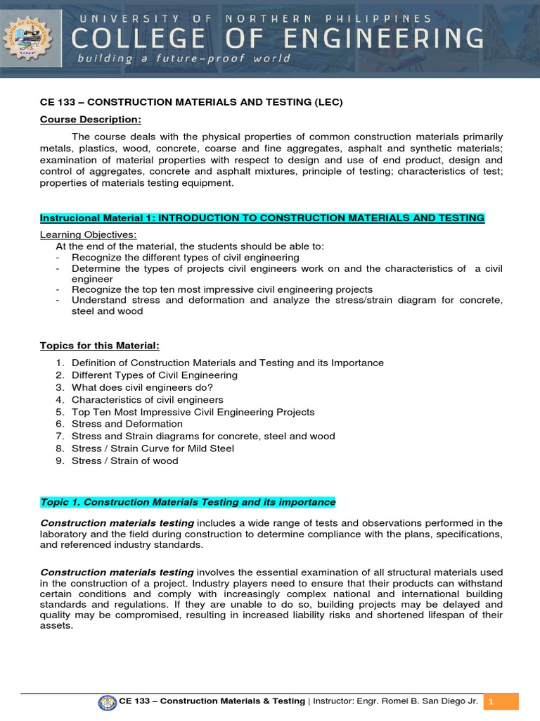 Week 1 Introduction To Construction Materials and Testing PDF