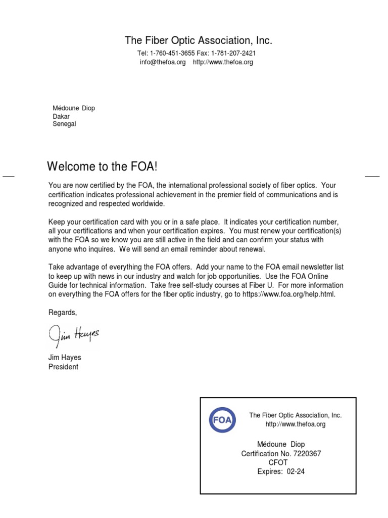 Certification CFOT Fibre Optique PDF Certification CFOT Fibre Optique PDF