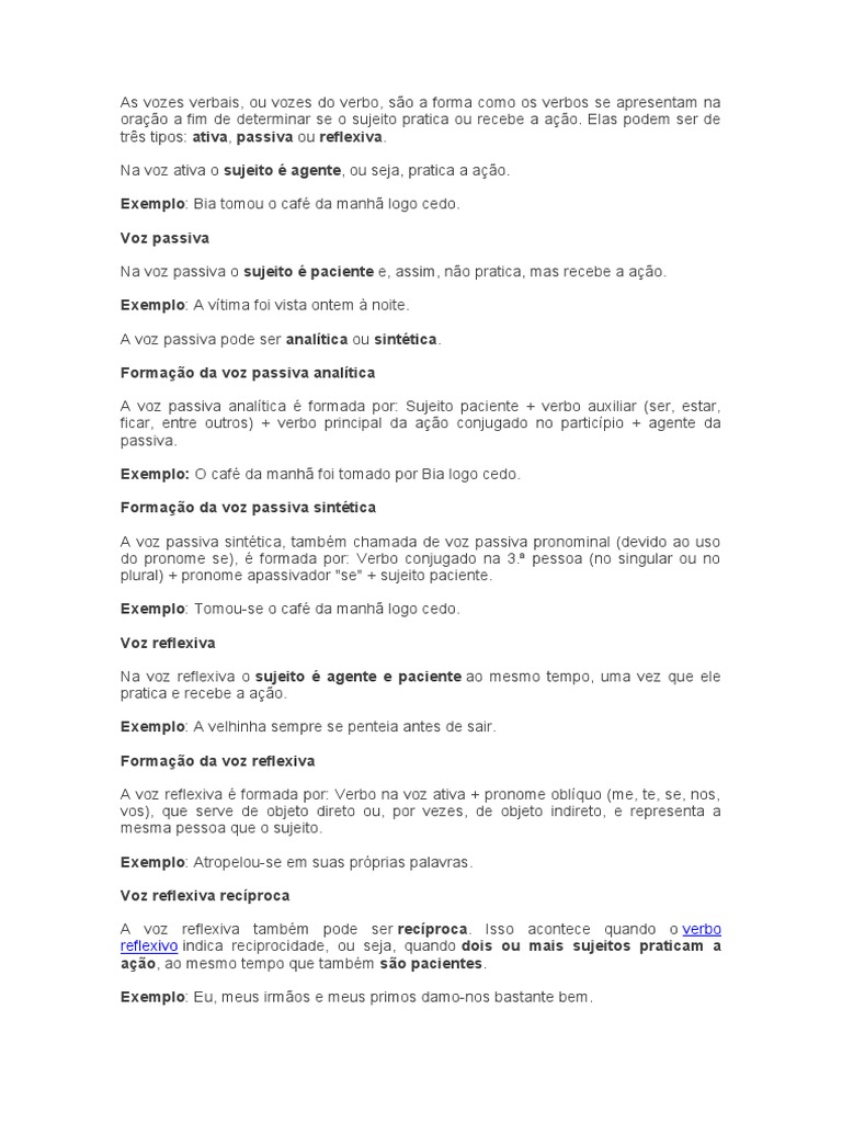 Tipos de Vozes Verbais e Exemplos | PDF | Assunto (gramática ...