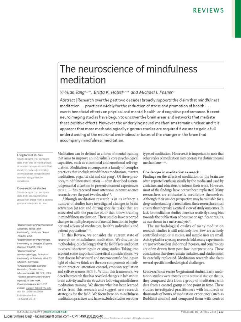 Neuroscience of Mindfulness Meditation | PDF | Mindfulness | Cingulate ...