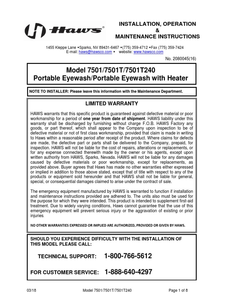 Manual Instruction Eyewash Portable Haws 7501 PDF Manufactured
