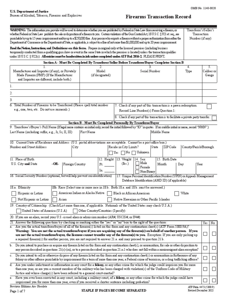 ATF Form 4473: Firearm Transaction Guide | PDF | National Instant ...