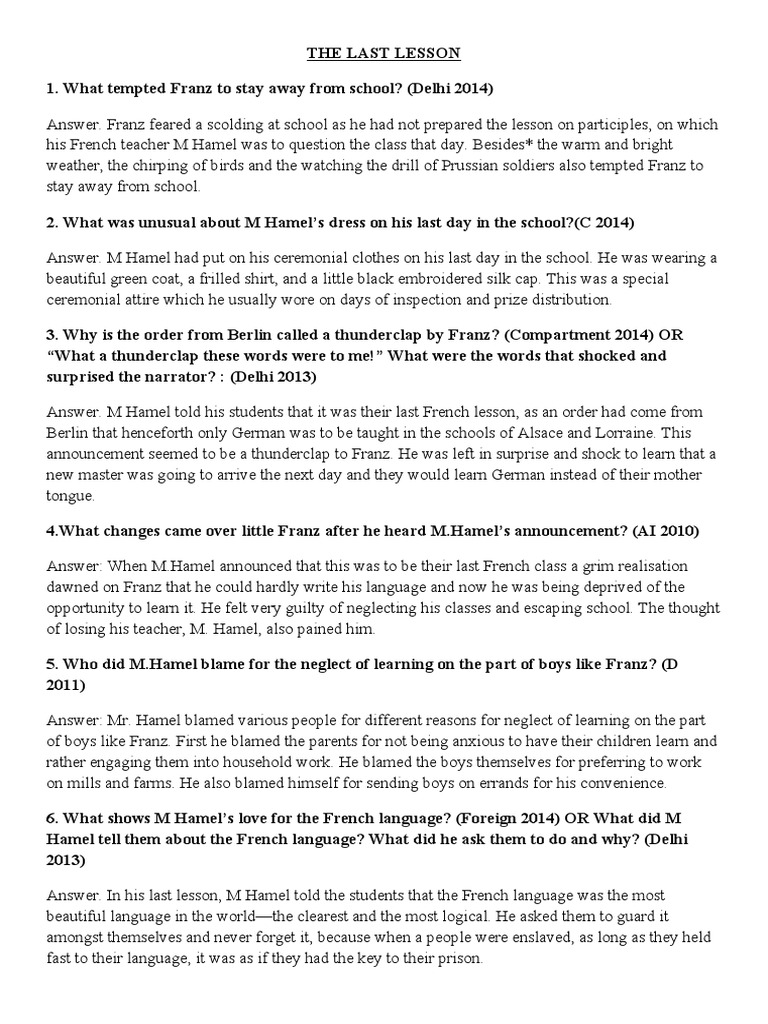 Notes THE LAST LESSON PDF