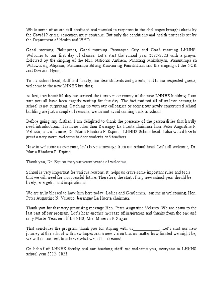 Opening of classes lhnhs emcee script 2022 pdf