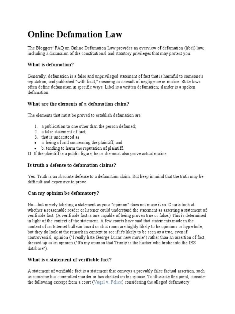 Online Defamation Law PDF Defamation Liability Insurance