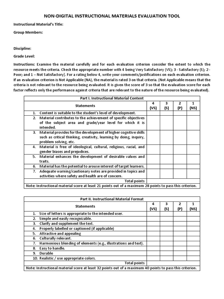 NonDigital Instructional Materials Evaluation Tool PDF Evaluation