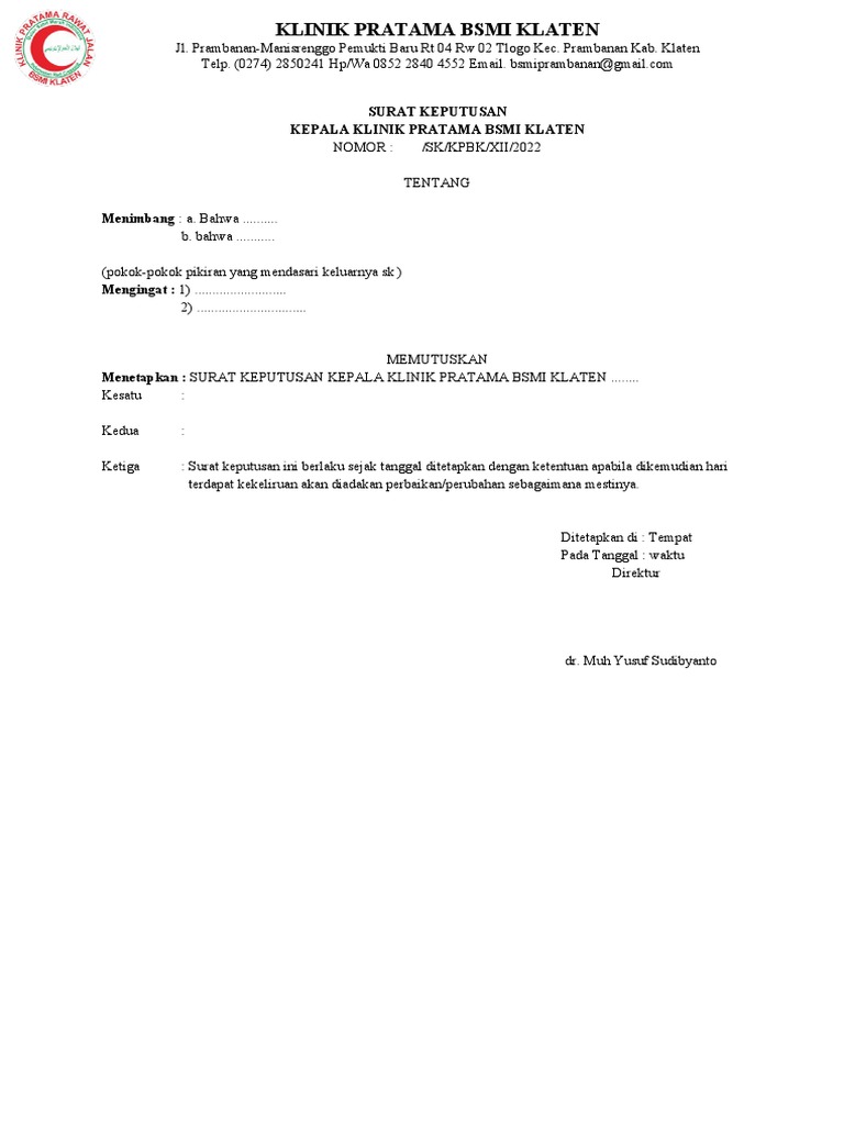Surat Keputusan Klinik Pratama BSMI Klaten | PDF