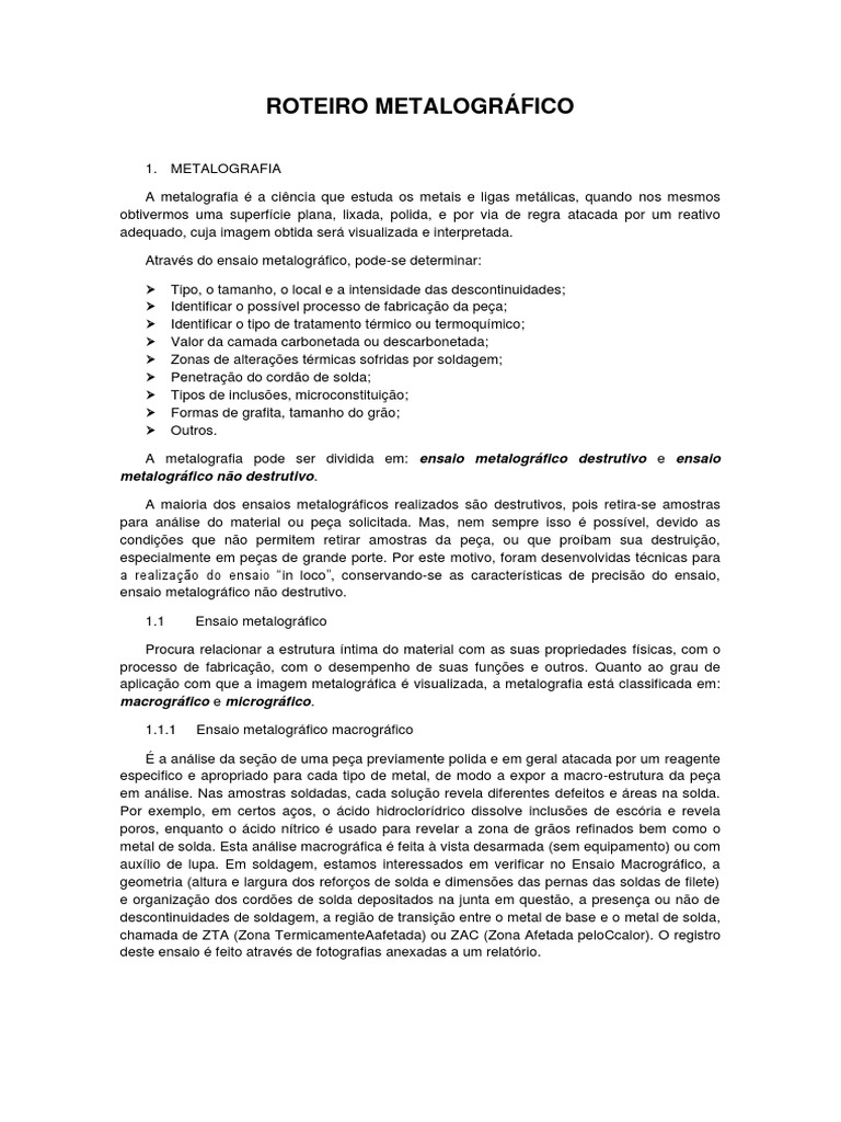 Roteiro Metalográfico | PDF | Liga | Engenharia Civil