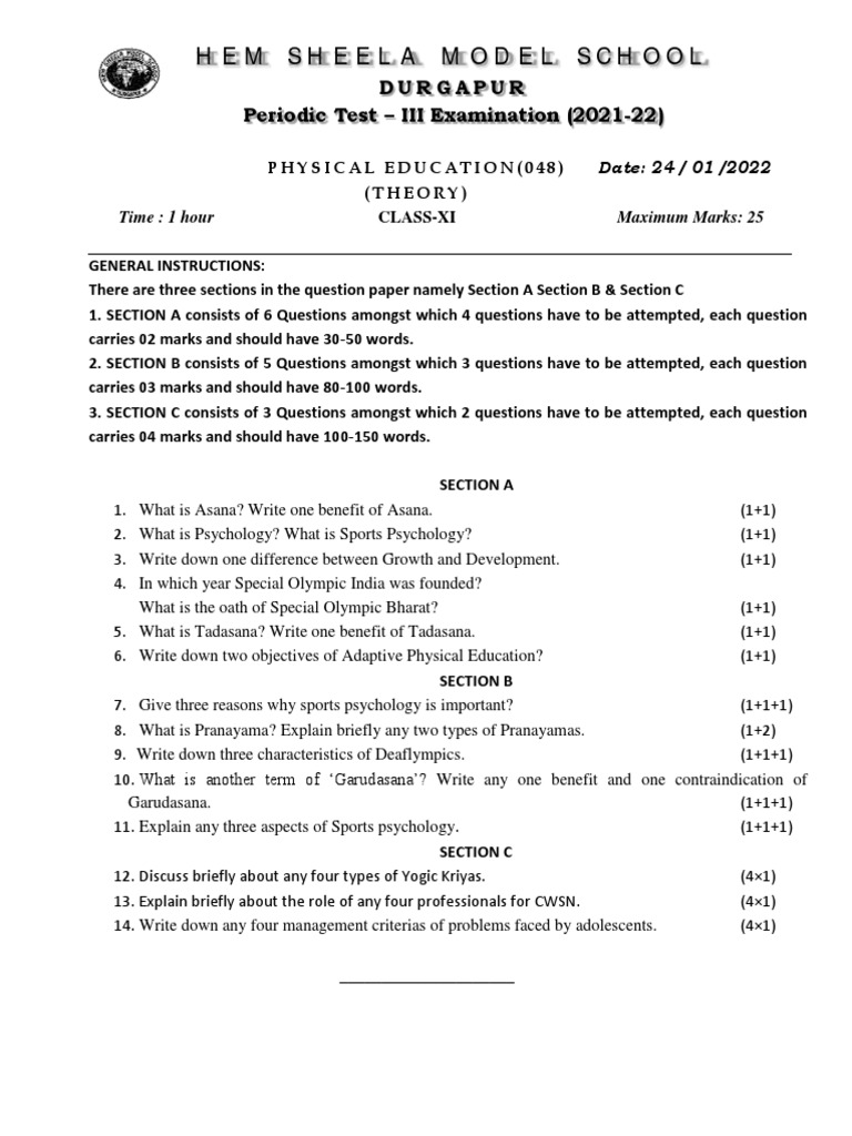 Class 11 Physical Education Exam Paper | PDF | Psychological Concepts ...